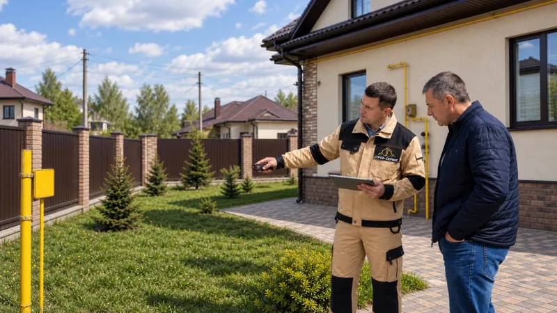 Специалист в фирменной форме обсуждает газификацию с владельцем дома