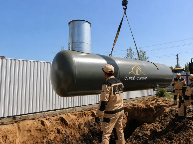 Кран подаёт серый газгольдер с высокой горловиной к котловану