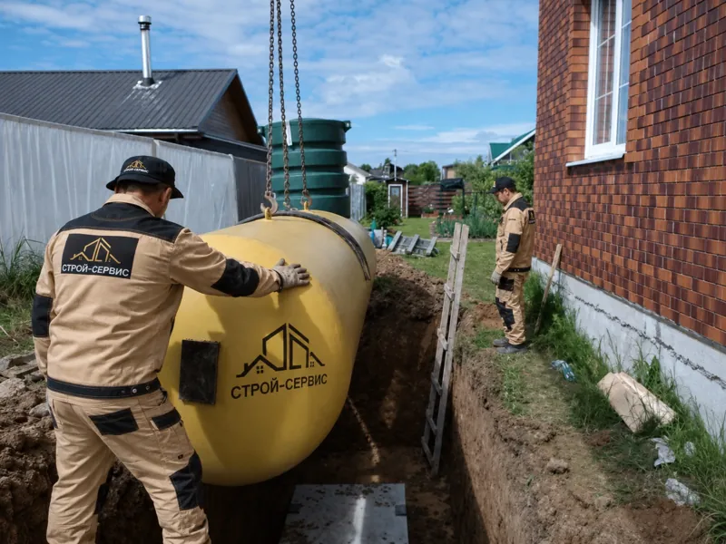 Монтажник направляет жёлтый газгольдер в котлован рядом с домом