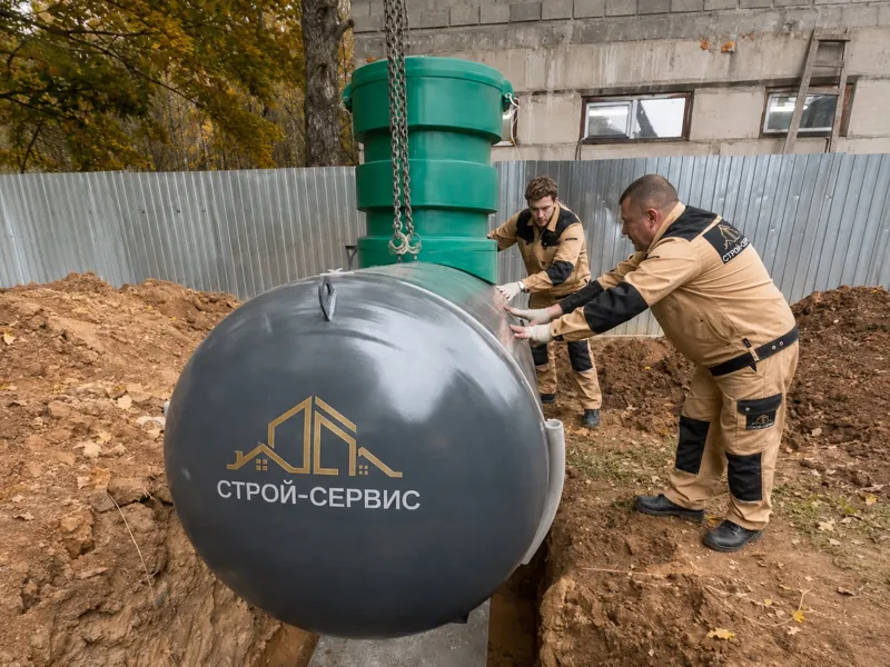 Монтажники у горловины серого резервуара, установленного в котловане