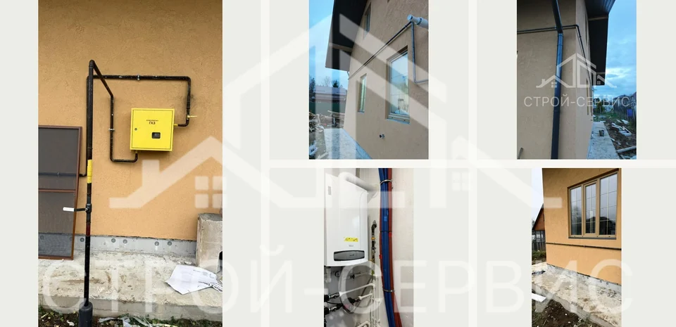 Наружная трасса и газовая подводка к котлу. Газопровод проходит по стенам с поворотами и подъёмом к вводу. В помещении показана подводка к настенному котлу.