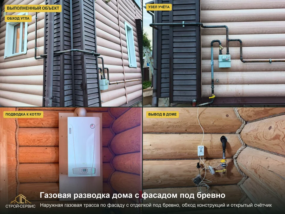 Ввод и наружная трасса по проектному маршруту. В договоре отдельно предусмотрены проектная документация, подземный газопровод, ввод, узел учёта и фасадная разводка. На снимках видны газовый счётчик с обвязкой, повороты трассы и проход в помещение. Счётчик измеряет объём газа; это не ДРП. Технические условия и заказ на монтаж нужно читать вместе: они описывают разные стороны одной задачи.