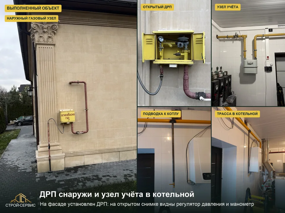 Газовая подводка внутри котельной. В найденном договоре обозначена внутренняя подводка газопровода к котлу. Коллаж показывает ДРП снаружи и отдельный узел учёта в котельной. Внутренняя подводка — отдельный этап: его удобно выделить в составе и приёмке работ.