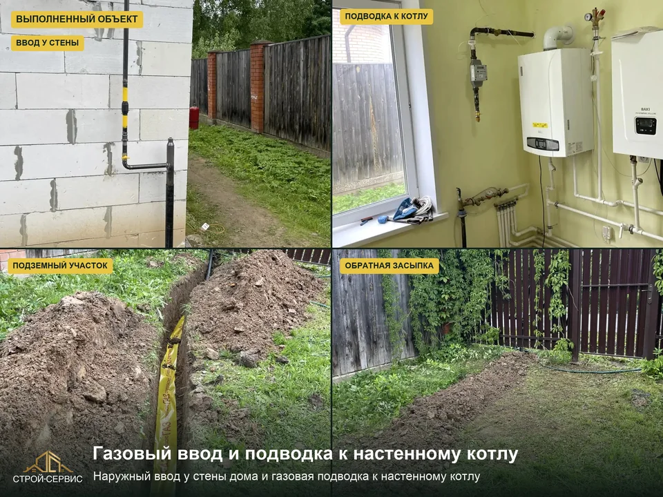Газовый ввод и подводка к настенному котлу. На внутреннем снимке окно находится рядом с оборудованием и газовой подводкой. Фотография показывает компоновку; свойства остекления и допуск к пуску по ней не определяются.