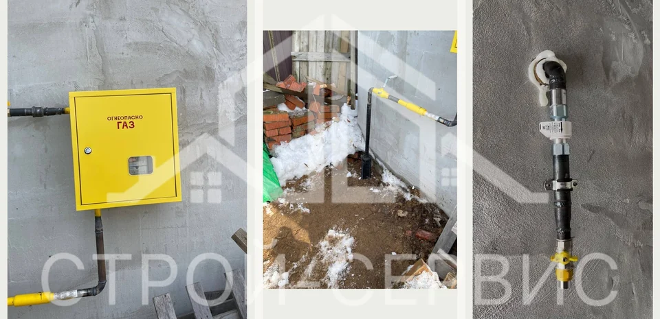 Газопровод от выхода из грунта до ввода в дом. Наружные фотографии показывают выход трубы из грунта, запорный кран и подход к корпусу оборудования. Внутри дома виден газовый вывод с краном.