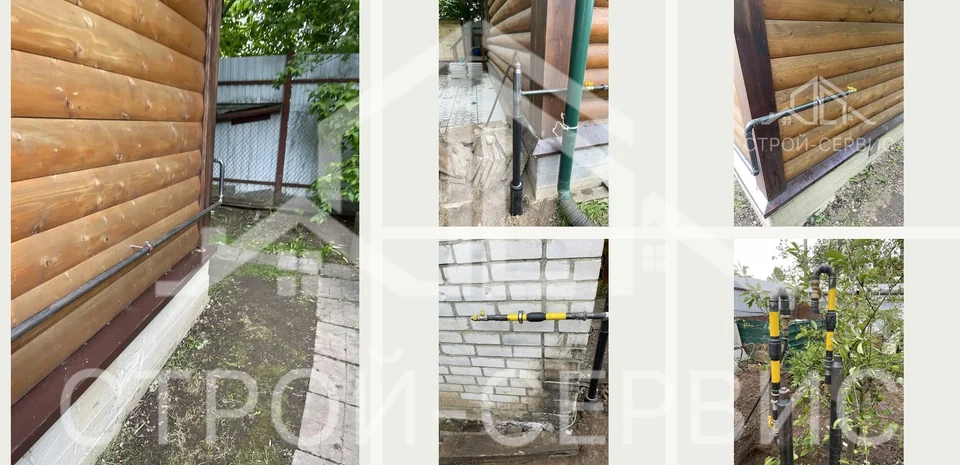 Подземная трасса и наружные участки газопровода. Подборка связывает земляные работы на участке с выходами трубы из грунта. Наружные снимки показывают маршрут вдоль стен и повороты газопровода.