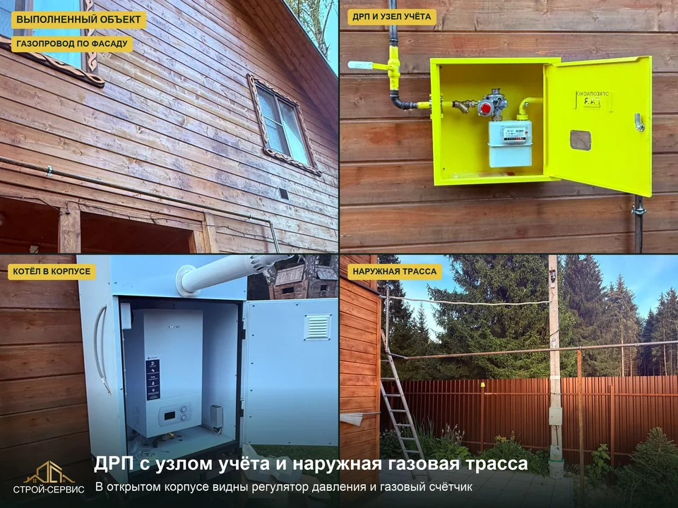 ДРП с узлом учёта и трасса у стен дома. На открытом снимке видны регулятор давления и счётчик в одном корпусе ДРП; остальные кадры показывают наружную трубу с переходами и подводку к дому. В договор входили подземный участок, ввод, ДРП, учёт и разводка. До согласования работ нужно понимать, какие части здания и участка затрагивает маршрут.