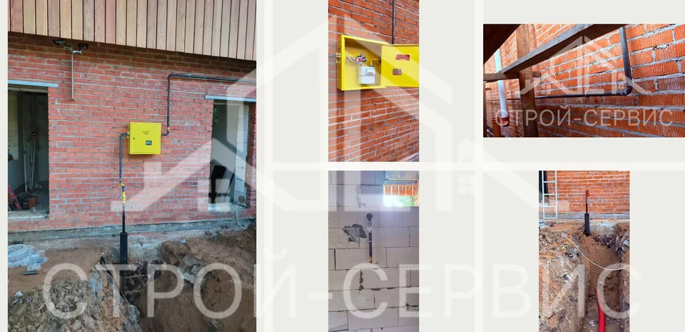 ДРП с учётом газа и ввод в помещение. Открытый ДРП показывает регулятор давления и газовый счётчик в одном корпусе. В подборке также видны наружный газопровод, ввод в помещение и этап прокладки подземного участка.