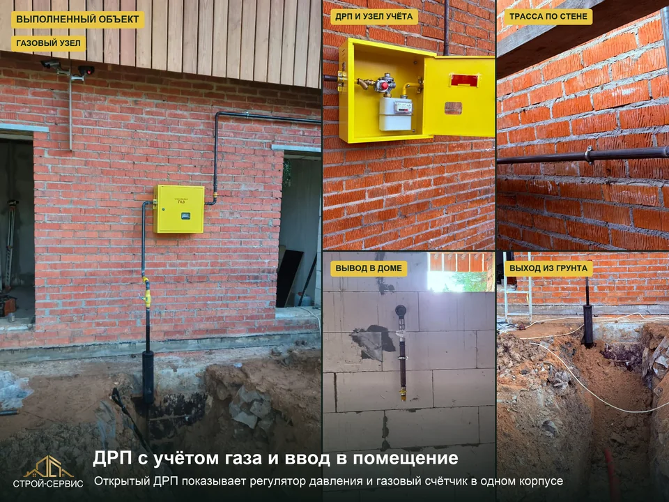 Работы у дома: ДРП, узел учёта и внутренняя подводка. На фотографиях — траншея у дома, ДРП с регулятором и счётчиком в одном корпусе, наружная труба и переход внутрь. Договор включал эти части газопровода, ввод, узел учёта и ДРП. При обсуждении догазификации такой перечень позволяет отделить работы на участке от подведения общей сети.