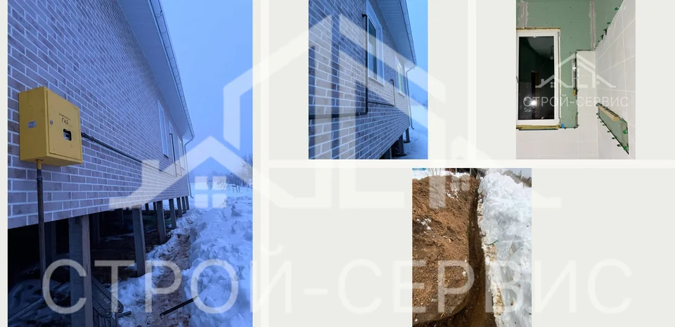 Подземная линия и газовый ввод в дом на опорах. Зимние снимки показывают траншею и прокладку подземного участка. У дома на опорах видны выход трубы из грунта, наружная трасса и внутренний вывод.