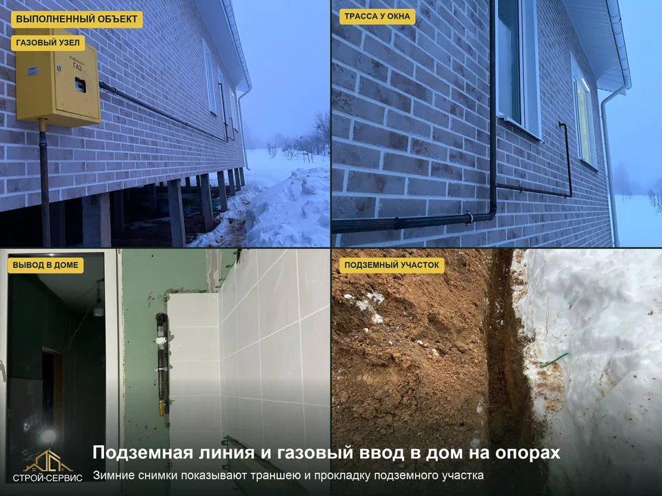 От подземной трассы к вводу в дом. На зимних фотографиях видны траншея, наружный газовый узел и ввод через стену. Договор включал подземный газопровод, цокольный ввод, учёт, ДРП и разводку. Наличие сети на карте не описывает эти работы внутри границ участка: их состав уточняется для конкретного дома.