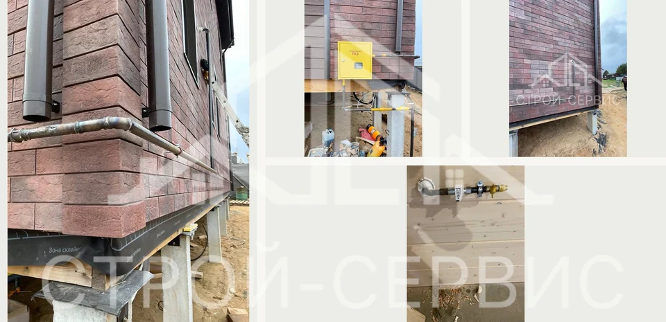 Газовый ввод и обход угла дома на сваях. Газопровод выходит из грунта у дома на сваях и продолжается по наружным стенам. Показаны обход угла и вывод с краном внутри помещения.