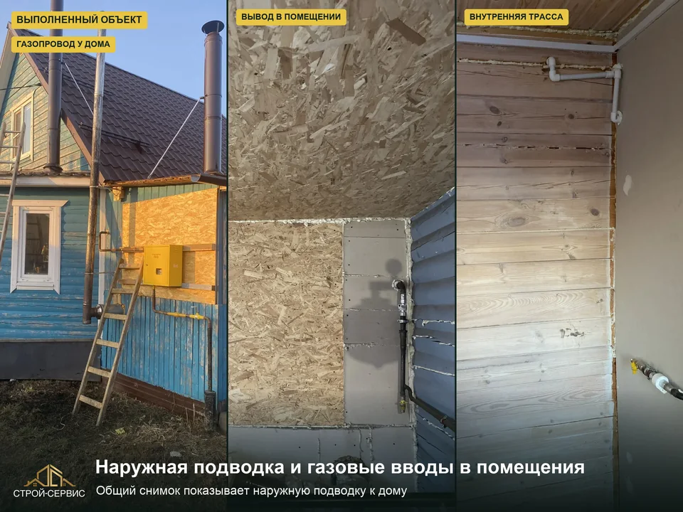 Наружная подводка и газовые выводы в помещениях. На фотографиях показаны наружная подводка к дому и выводы газопровода внутри. В заказ входили подземная часть до ввода, фасадная и внутренняя разводка, счётчик. При определении объёма работ наружный маршрут рассматривают вместе с вводом и подводкой к оборудованию.