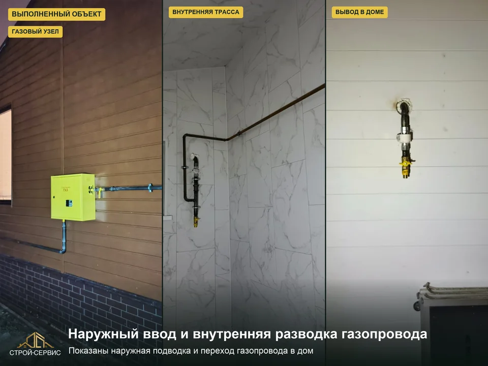 Наружная подводка и внутренняя разводка в доме. В заказе отдельно перечислены газопроводы, вентиляционный канал и подготовка актов каналов. На фотографиях — наружная и внутренняя подводка; обследование вентиляции и его результаты здесь не показаны.