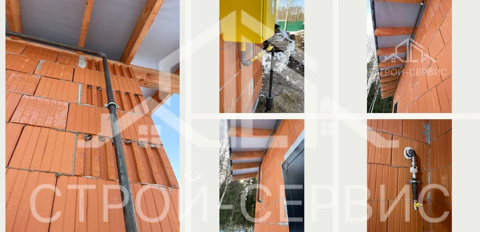 Наружный газопровод под карнизом и ввод в дом. Трасса проходит от выхода из грунта к наружному корпусу оборудования, поднимается под карниз и входит в помещение. В подборке также показан подземный участок.