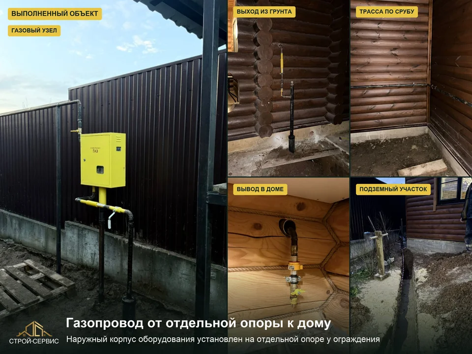 От отдельной опоры через участок к дому. На фотографиях — оборудование на опоре у ограждения, подземный подход, выход из грунта и труба вдоль стены сруба. Такой маршрут сочетает скрытые и открытые участки. Для другого дома расположение узлов и трассу определяют по условиям подключения и плану участка.