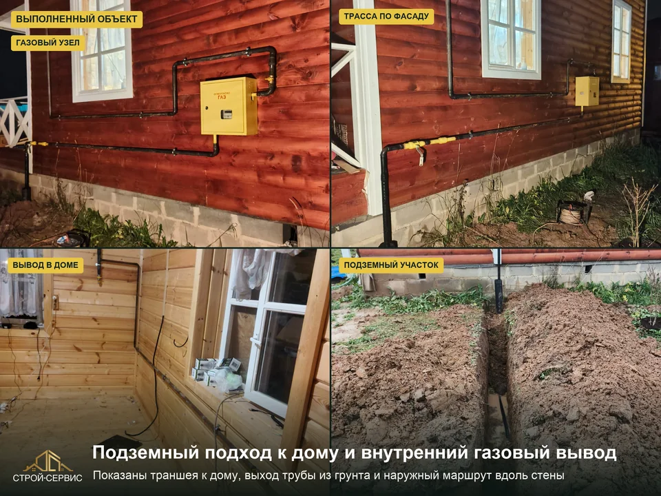 Подземный подход, наружная трасса и газовый вывод в доме. В заказ входили подземный газопровод, цокольный ввод, ДРП, узел учёта, фасадная и внутренняя разводка. На фотографиях видны траншея, наружная труба и внутренний вывод с краном. При подготовке будущего дома маршрут на участке и точку ввода в помещение стоит рассматривать вместе: это связанные части работ.
