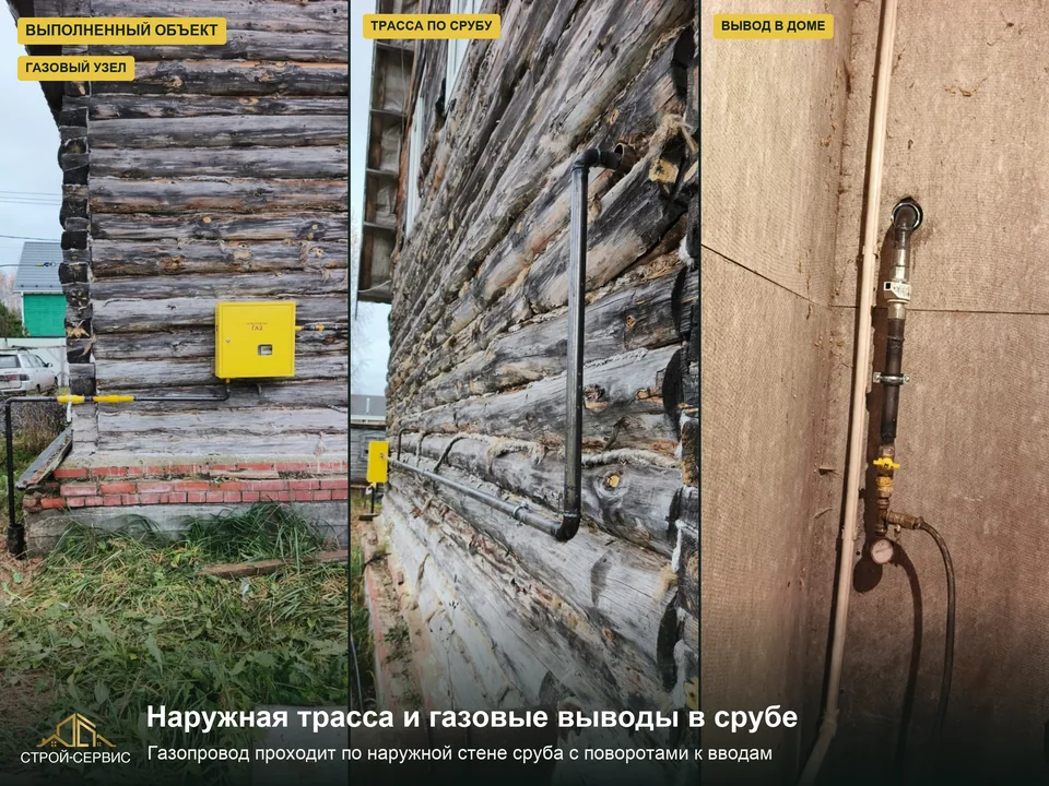 Наружная трасса и внутренний вывод в срубе. Фотографии показывают газопровод по наружной стене, повороты к вводу и вывод с краном внутри. В договорный состав включены подземная подводка, цокольный ввод, фасадная и внутренняя разводка. Этот пример помогает разделить участки монтажа в смете и заранее определить место оборудования.